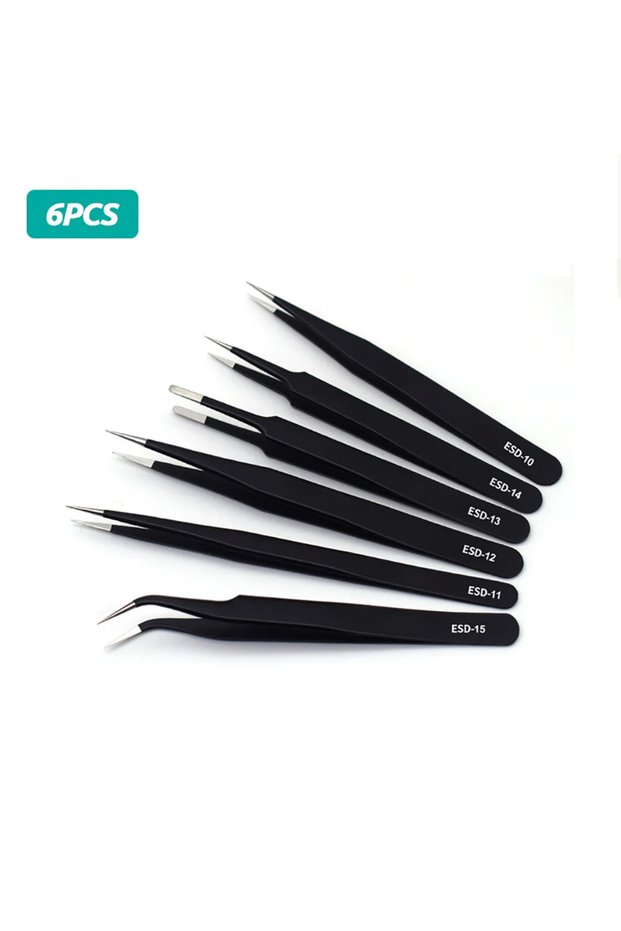Option 6 ESD Anti-Static Stainless Steel Tweezers Precision Maintenance Industrial Repair Curved Too
