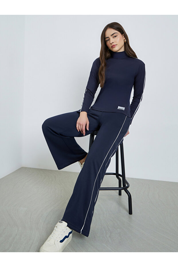 Navy Blue Wide Leg Joggers with Side Stripe