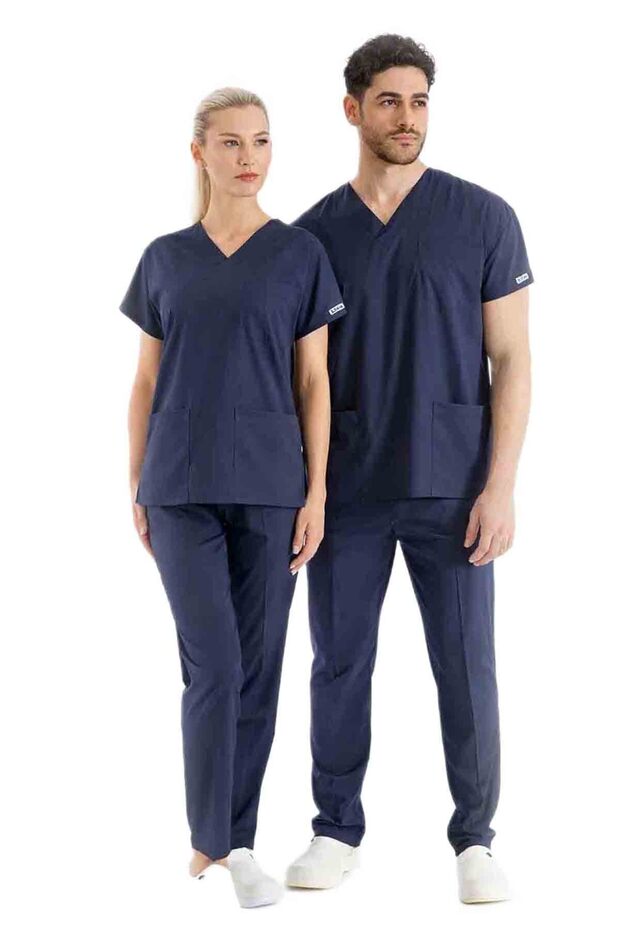 Navy Blue Luxury Lycra Unisex Bat Sleeve Nurse and Doctor Uniform Set Scrubs Hospital Uniform