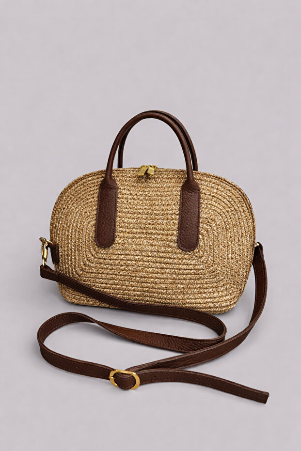 Alin Extra Light Soft Rope Genuine Leather Detailed Straw Women's Hand and Shoulder Bag