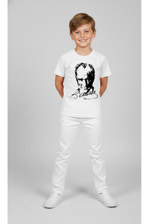 Boy's Ataturk Printed T-Shirt and White Linen Trousers Set for April 23Rd and Special Occasions