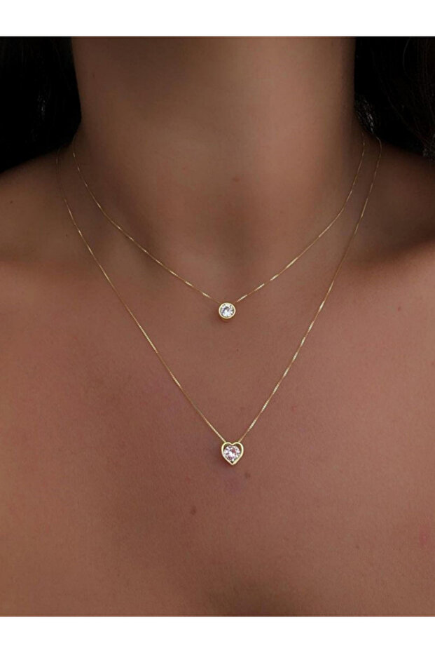 Women Gold Double Chain Necklace with Heart and Crystal Pendants