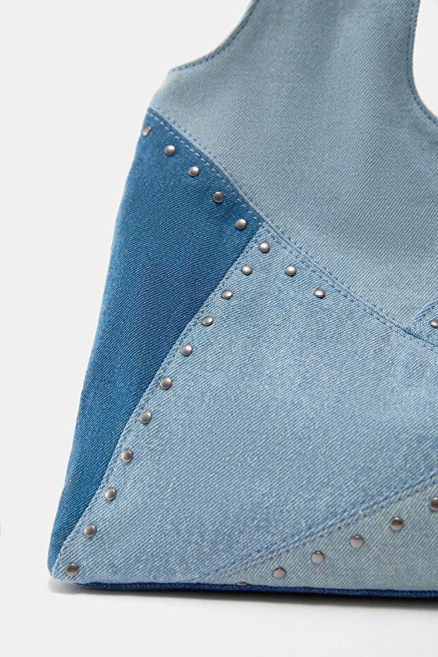 Patchwork denim shopper çanta - 5