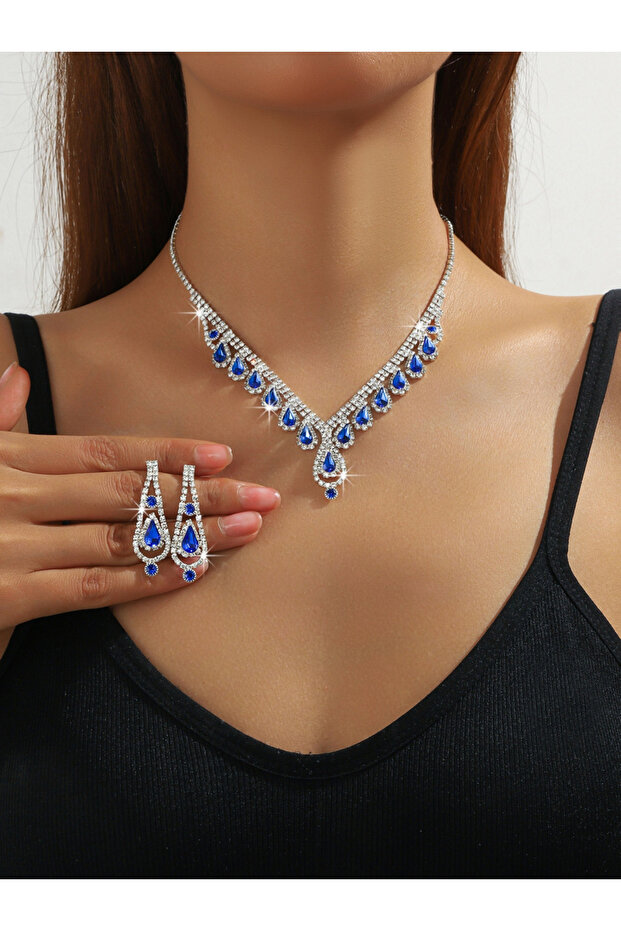 Women Blue Rhinestone Necklace with Earrings Set