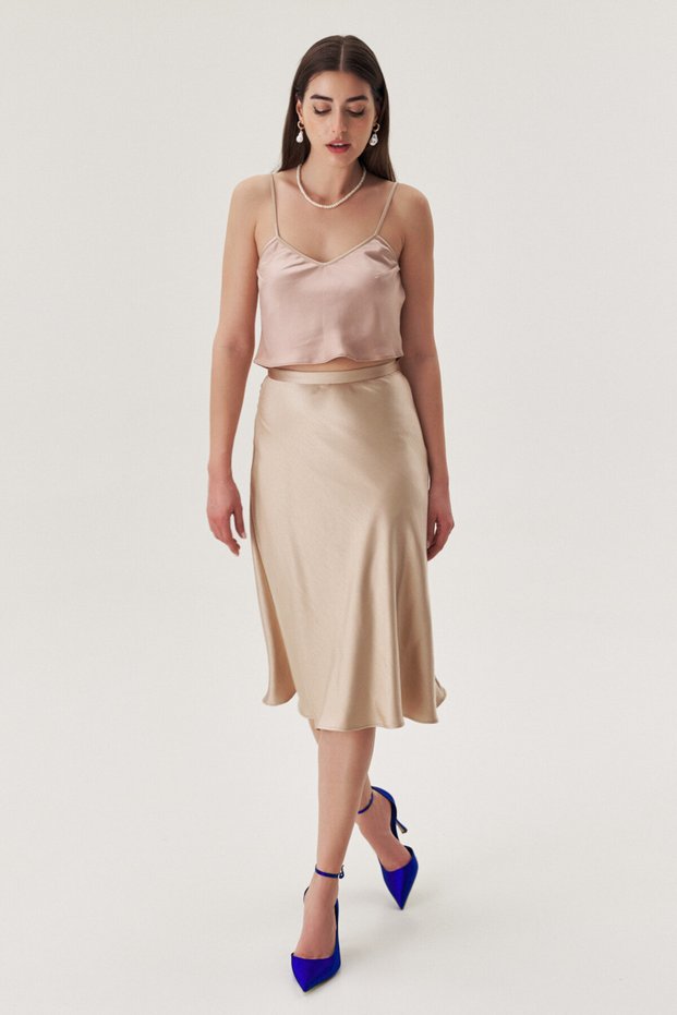 Fusta midi din satin bej