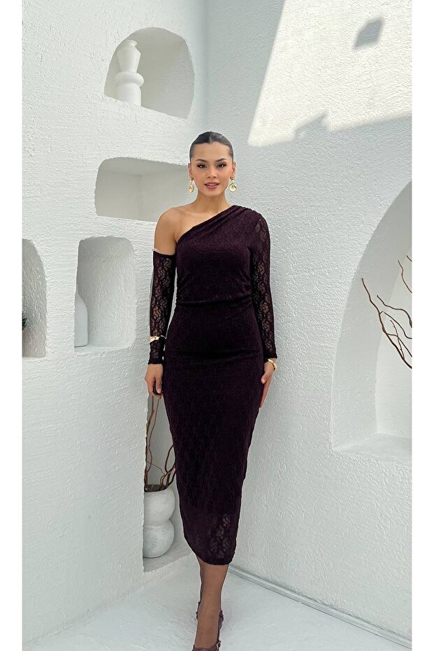 TEK OMUZ DANTELLİ ELBİSE - 1