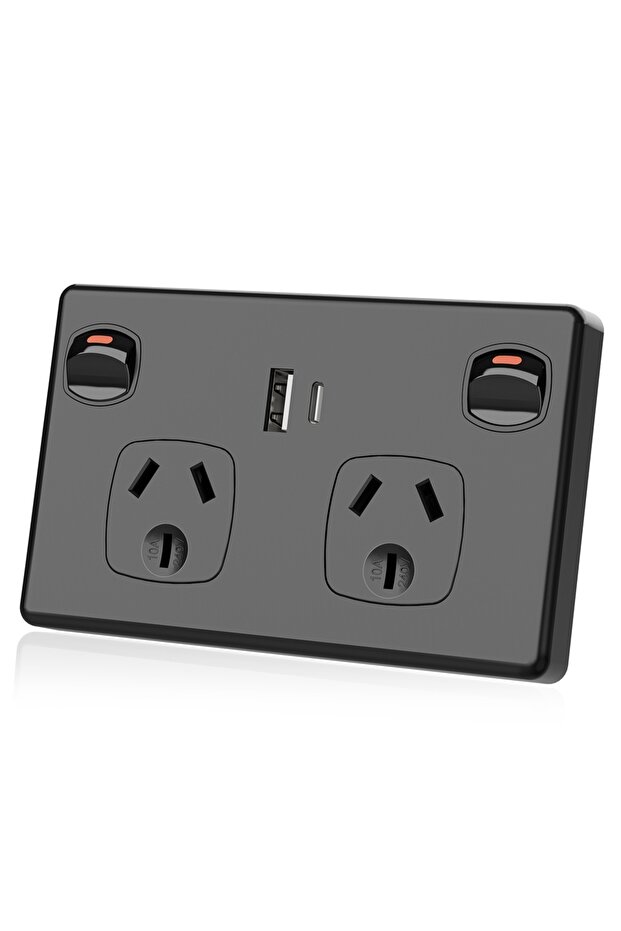 مقبس حائط USB أسترالي قياسي أسود اللون مع منفذين، منفذ USB-A ومنفذ Type-C، مع مفتاح تشغيل، AU P