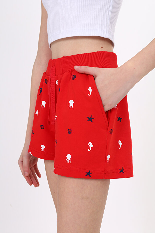 Girl's Printed Basic Shorts with Ribbed Waist and Pockets