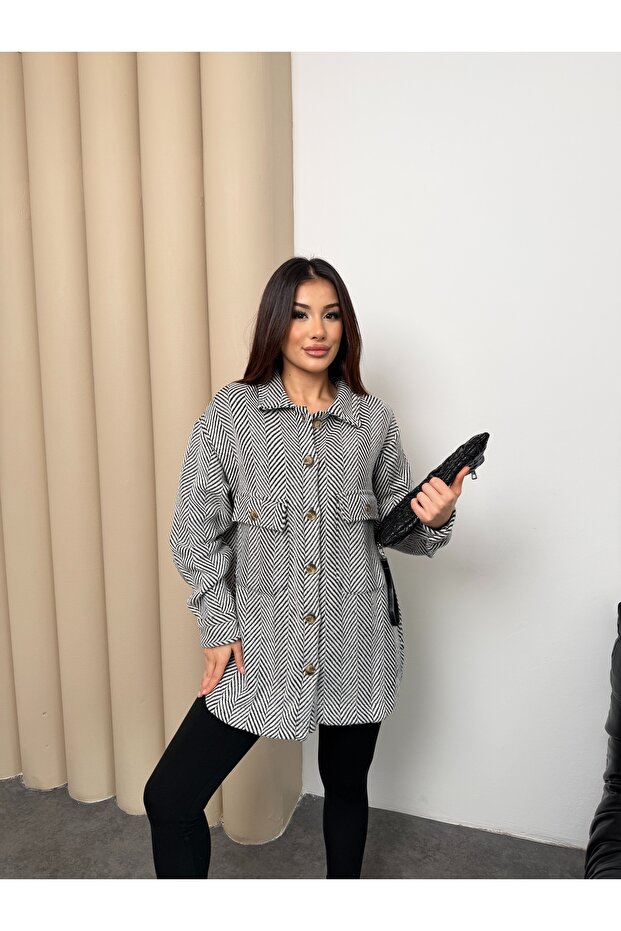 Herringbone Patterned Oversize Shirt Jacket - 4