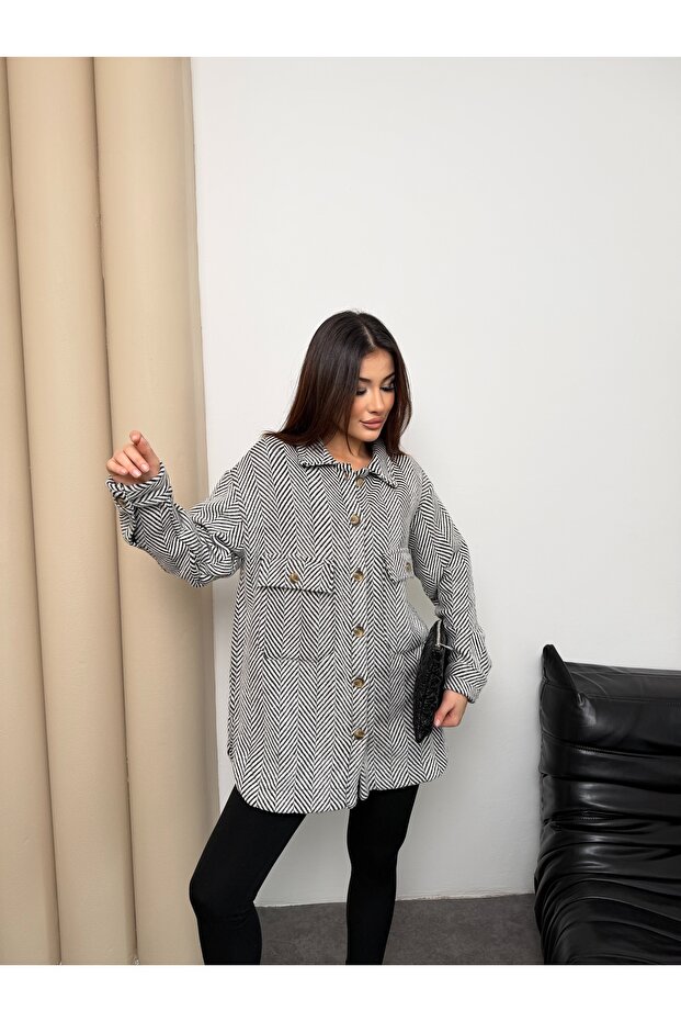 Herringbone Patterned Oversize Shirt Jacket - 3
