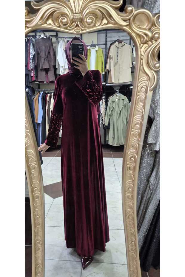 Kul pullu kadife elbise - 4