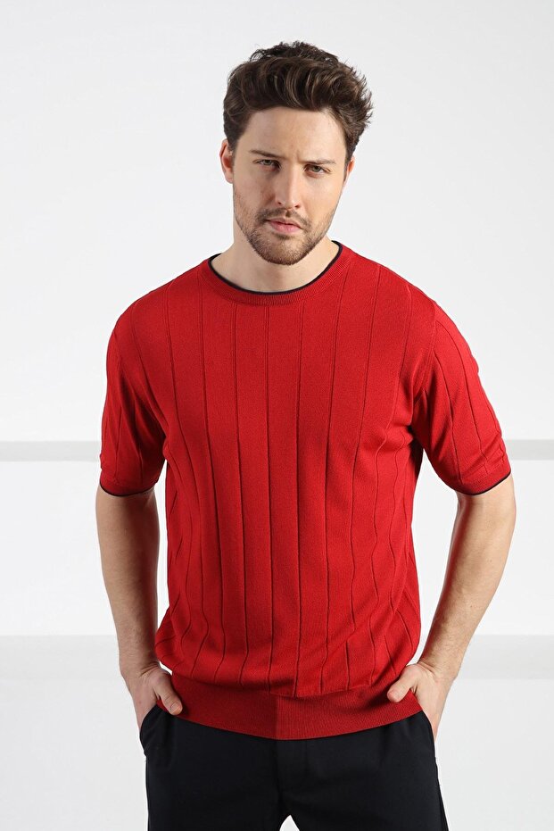 Red Crew Neck Short Sleeve Men's Viscose Knitwear T-Shirt