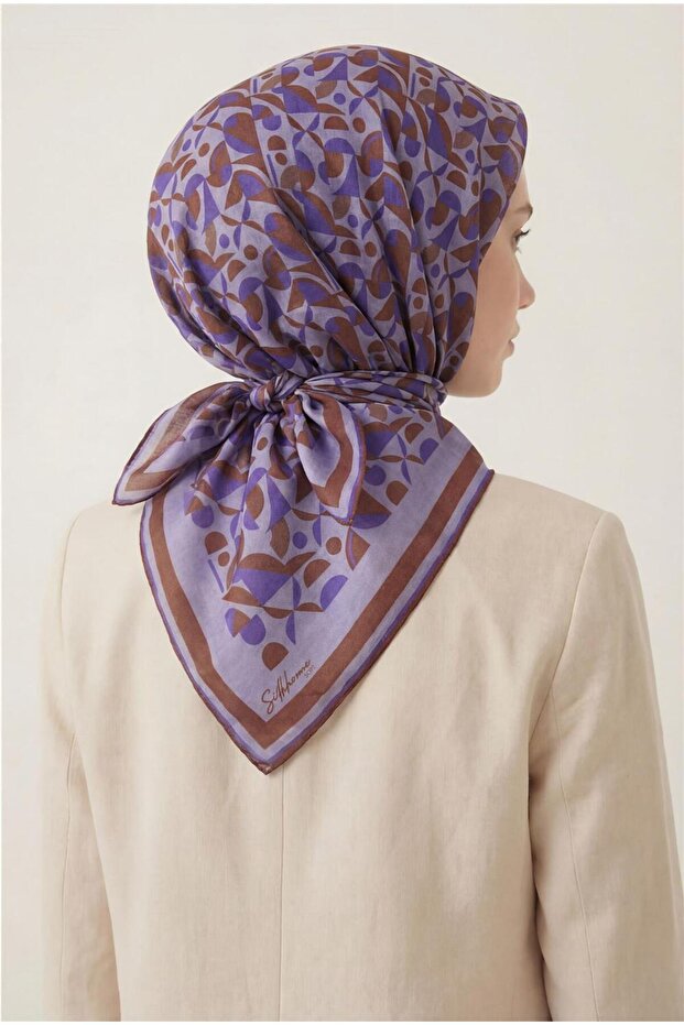 Cotton Blend Scarf Lilac Retro Geometric Pattern Soft Textured Non-Slip 90X90