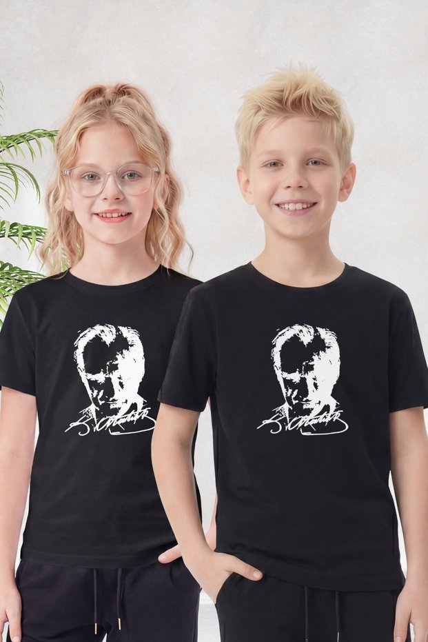 Single Atatürk, Signature and Flag Print Detailed Short Sleeve Unisex Kids T-Shirt