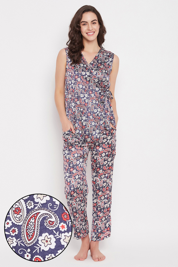 Paisley Print Angrakha Top & Pyjama Set in Navy - Satin