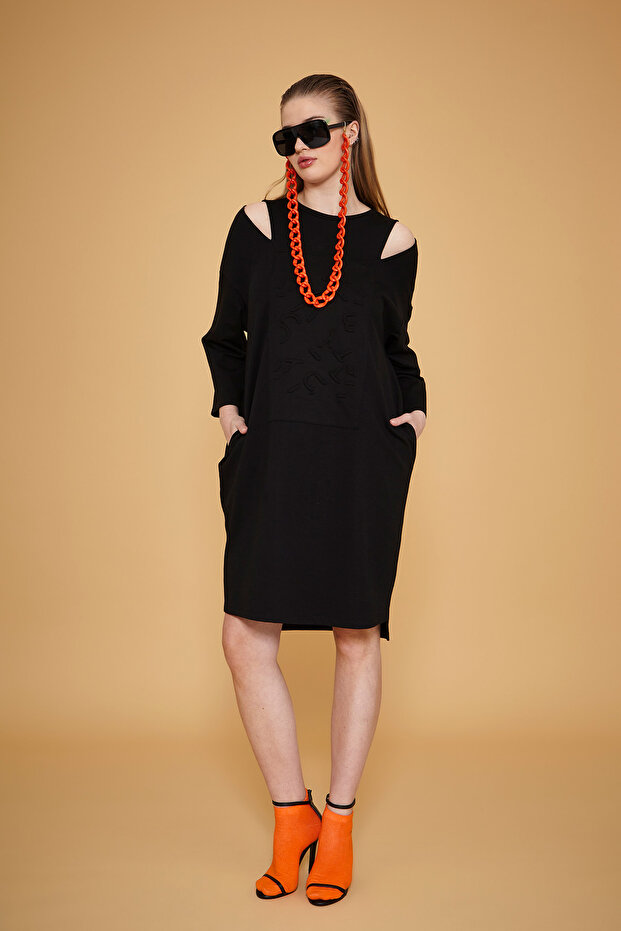 Baskılı Açık Omuzlu Elbise - 1