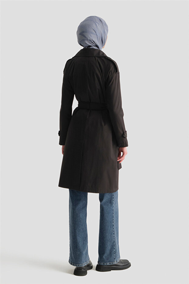 Düğmeli Basic Trençkot Siyah - 5