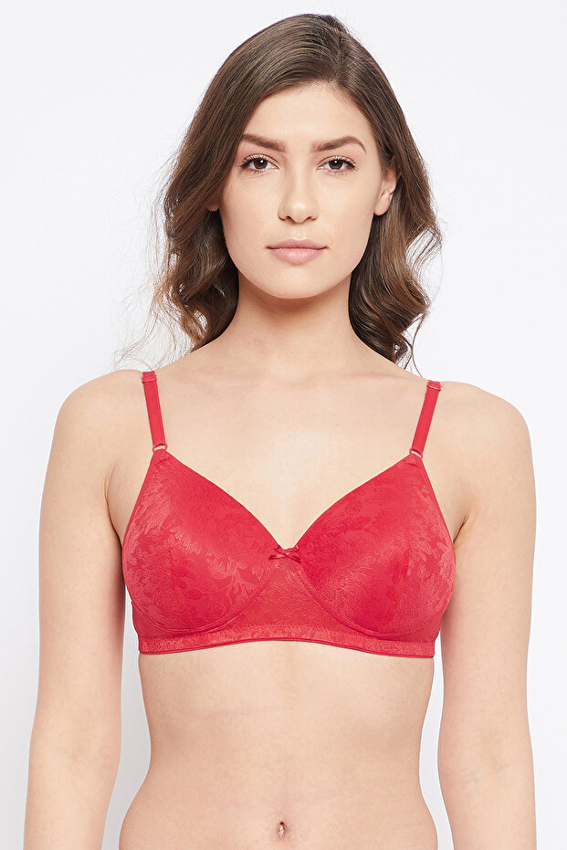 Padded Non-Wired Full Cup Bra in Red - Lace