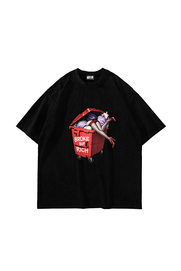 Broke but Rich Printed Oversize Unisex Black Tshirt