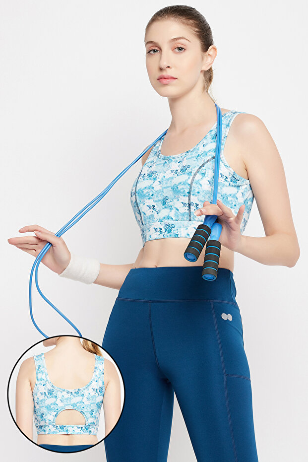 Medium Impact Padded Marble Print Sports Bra in Sky Blue