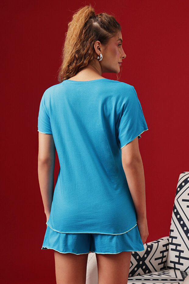 طقم أنيق أساسي مكون من بلوزة وشورت باللون الأزرق الفاتح - قطن 100% - 5