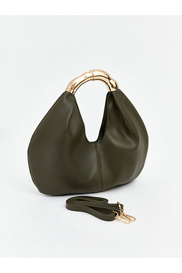 Leather Look Women's Shoulder Bag with Metal Handle