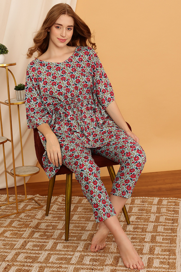 Pretty Florals Kaftan Top & Pyjama Set in Sky Blue - Rayon