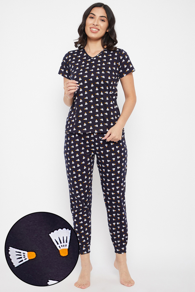 Shuttlecock Print Top & Jogger Set in Navy - 100% Cotton