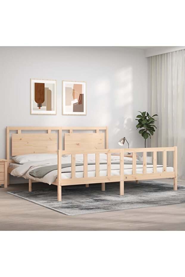 Bed frame with headboard 200x200 cm, solid pine wood - 1