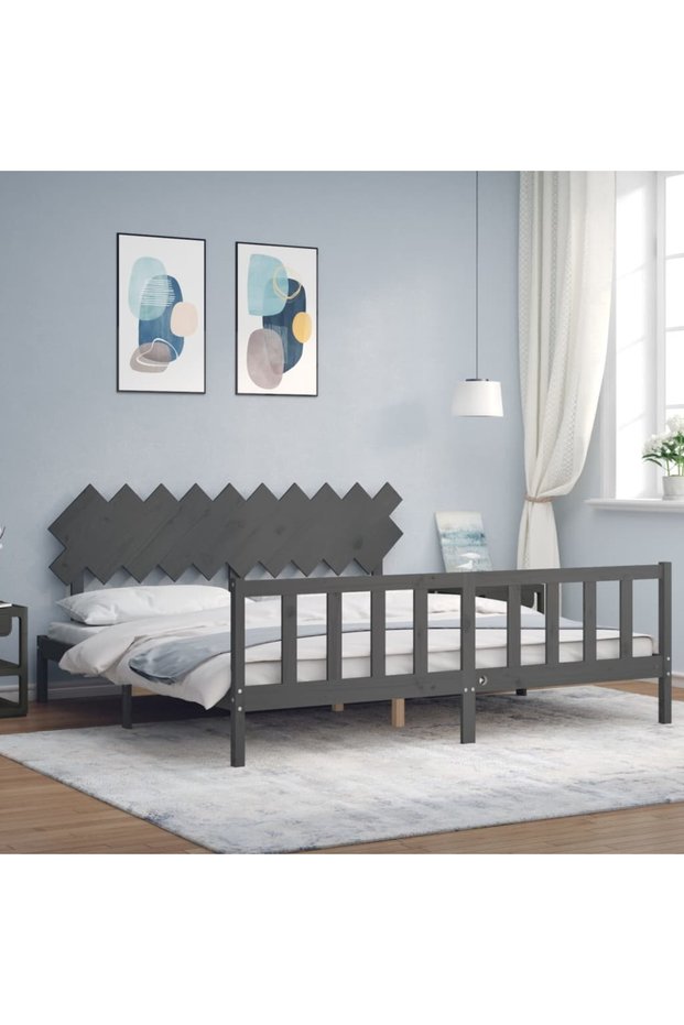 Bed frame with headboard 200x200 cm, gray, solid wood