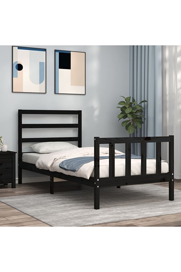 2FT6 Small Single Bed Frame with Headboard, Black, Solid Wood - 1