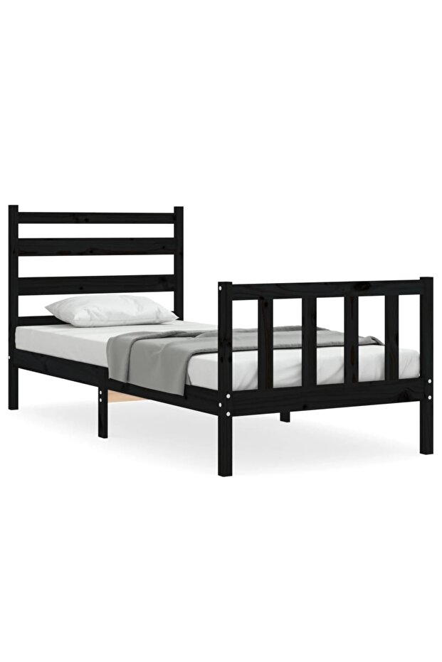 2FT6 Small Single Bed Frame with Headboard, Black, Solid Wood - 2