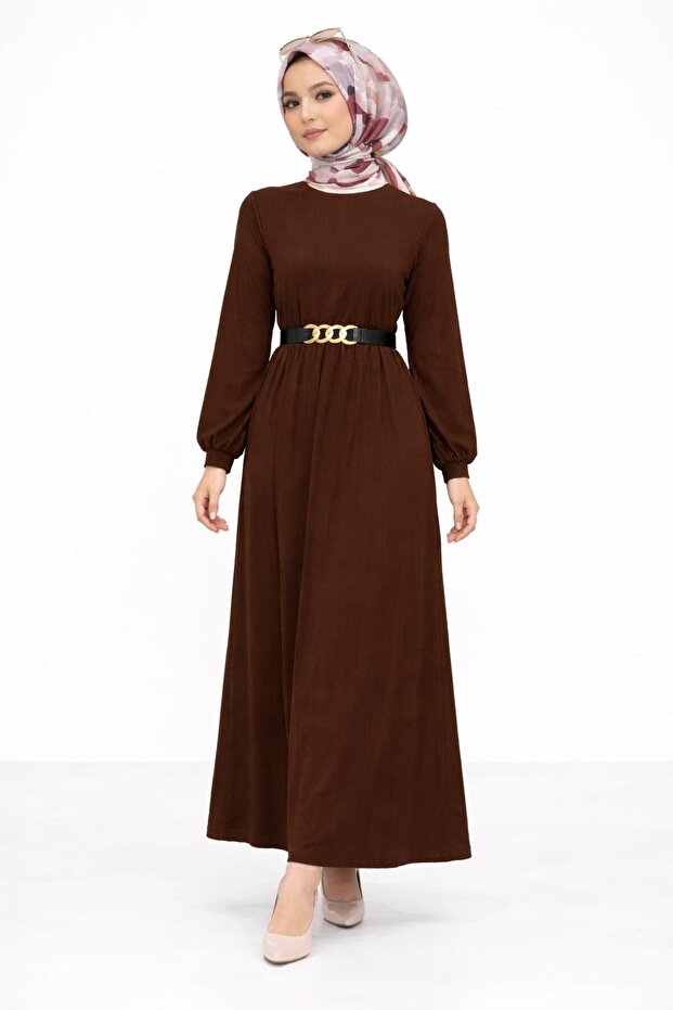 Women's Gold Chain Belt Detailed Crew Neck Twisted Dress
