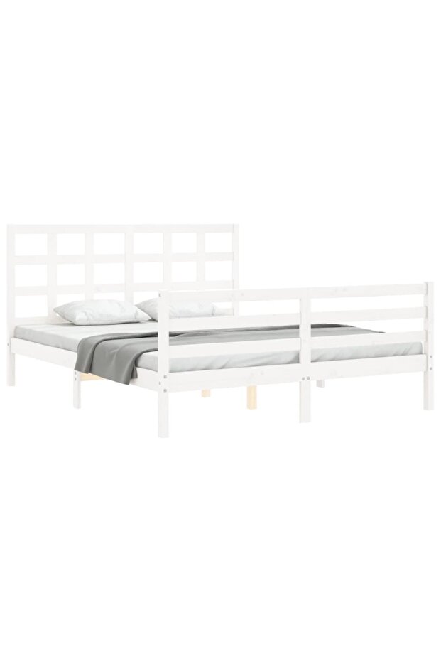Bed frame with headboard, white, solid wood, king size 5FT - 3