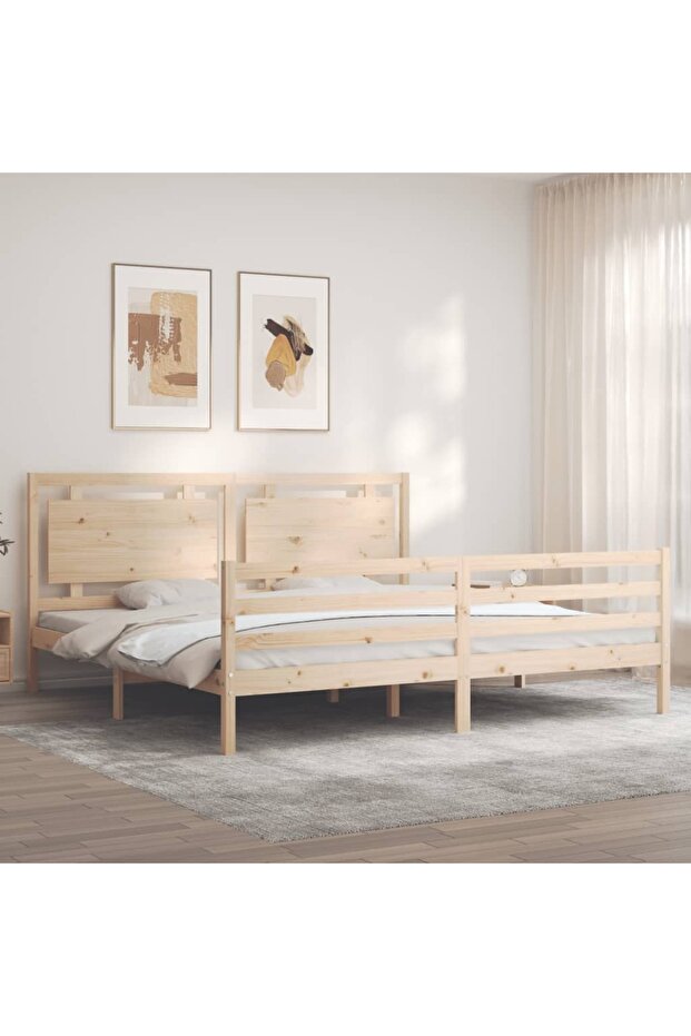 Bed frame with headboard 200x200 cm, solid pine wood - 4