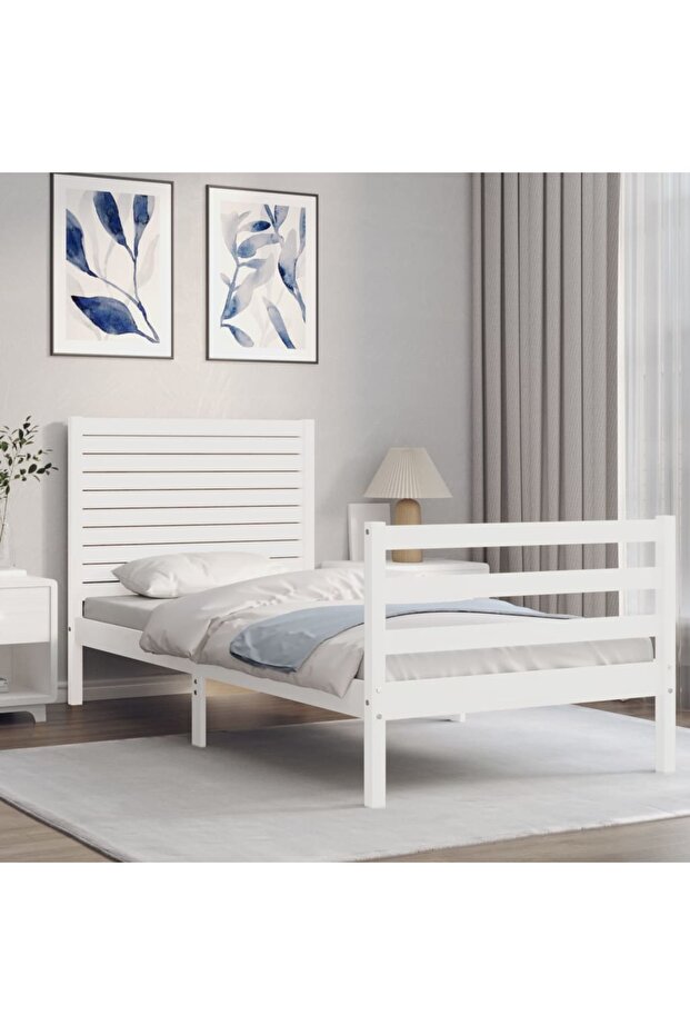 Bed frame with headboard 3FT, single, white, solid wood - 3