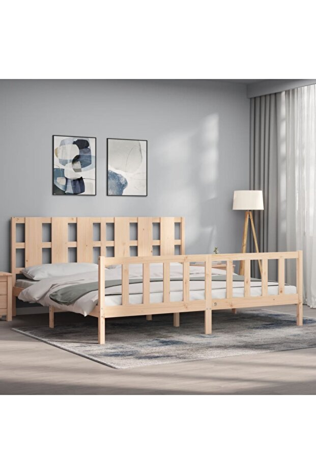 Bed frame with headboard 200x200 cm, solid pine wood - 3