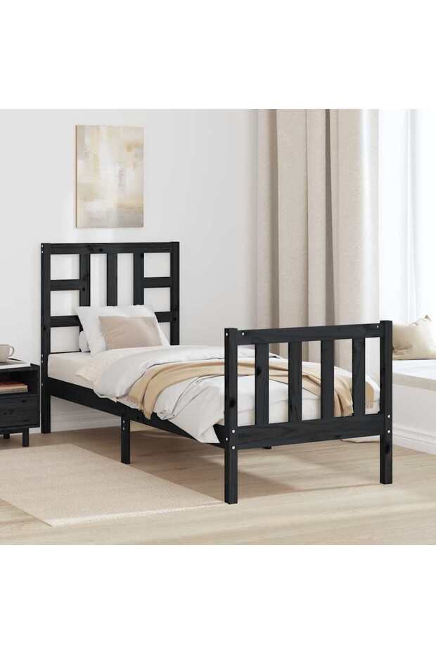 2FT6 Small Single Bed Frame with Headboard, Black, Solid Wood