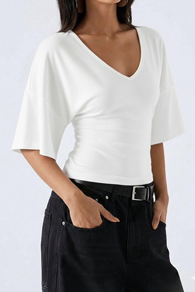 Women's White Bat Sleeve V-Neck Lycra Blouse & T-Shirt