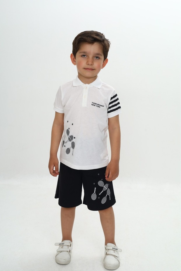 Boys' 2-Piece Set: Printed Polo Collar T-Shirt & Shorts with Elastic Waistband