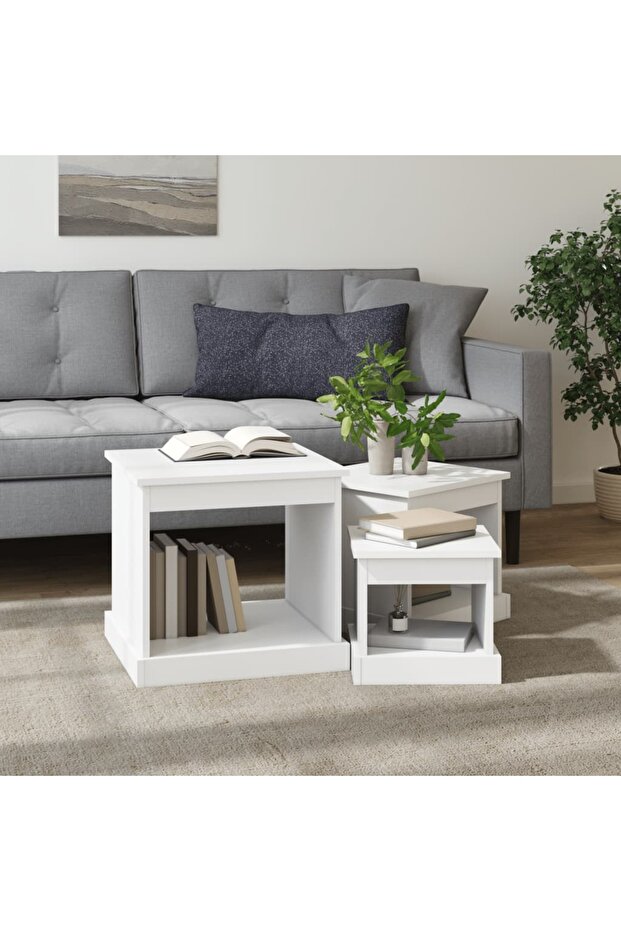 Stackable tables, 3 pcs., white, processed wood - 3