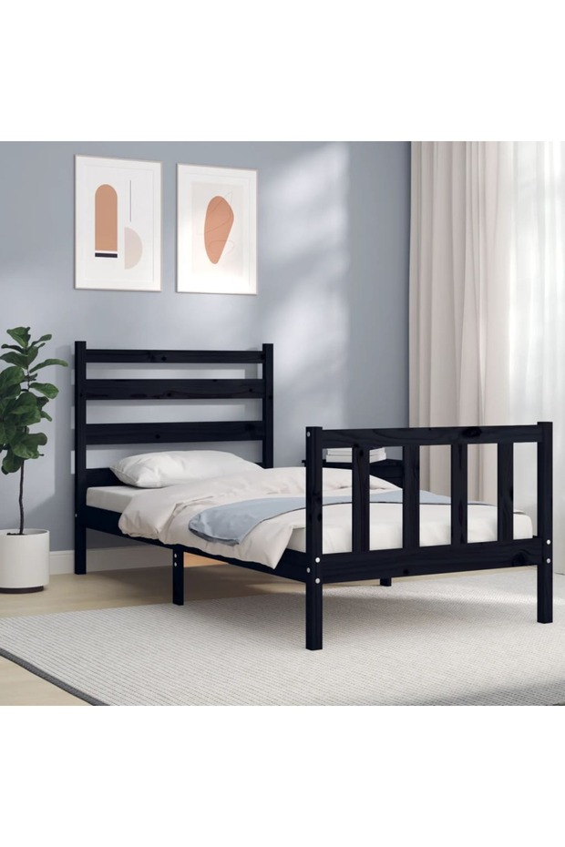 2FT6 Small Single Bed Frame with Headboard, Black, Solid Wood - 1