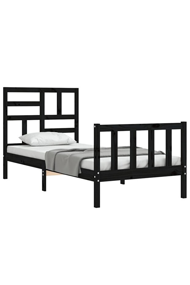 2FT6 Small Single Bed Frame with Headboard, Black, Solid Wood - 4