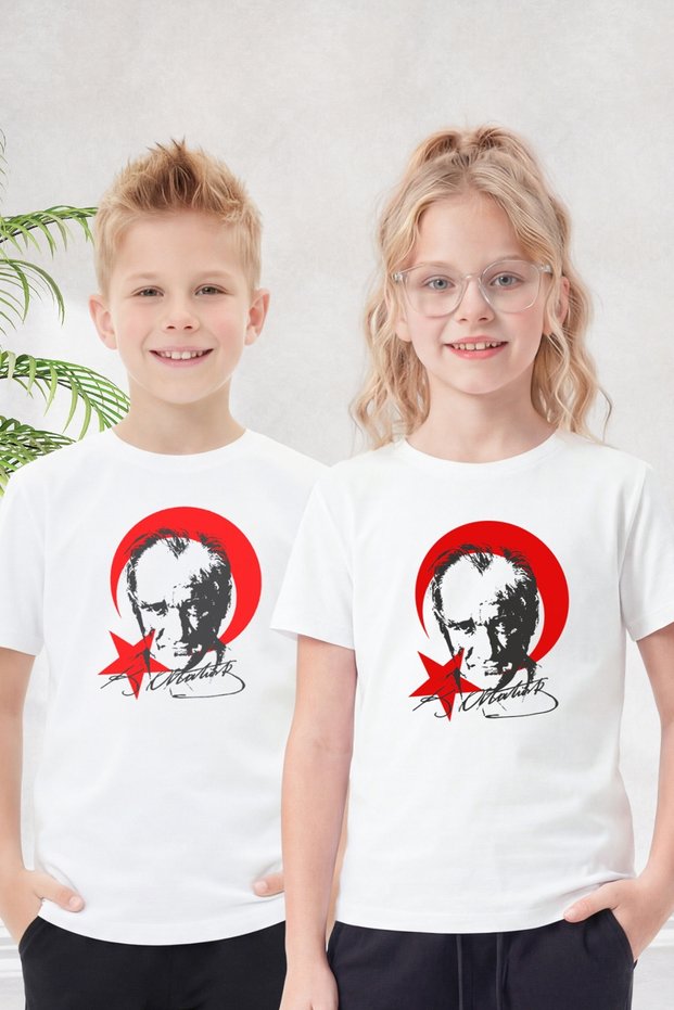 Single Atatürk, Signature and Flag Printed Short Sleeve Unisex Kids T-Shirt