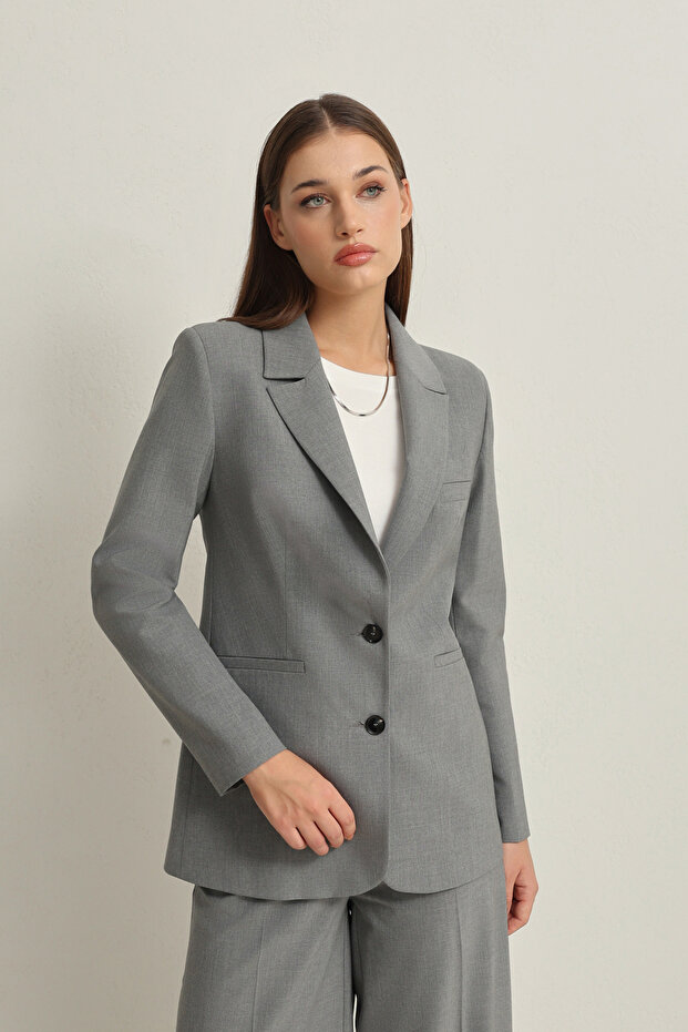 Gri Cep Ve Düğme Detaylı Basic Ceket - 3