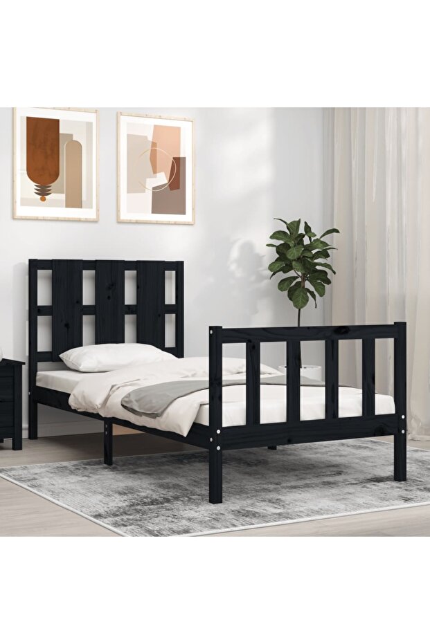 2FT6 Small Single Bed Frame with Headboard, Black, Solid Wood - 1