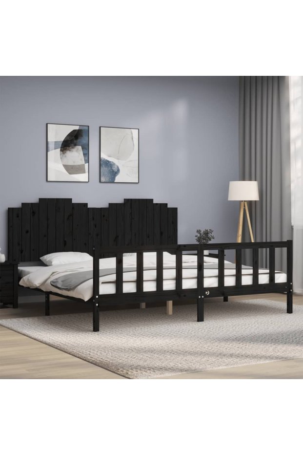 Bed frame with headboard 200x200 cm, black, solid wood