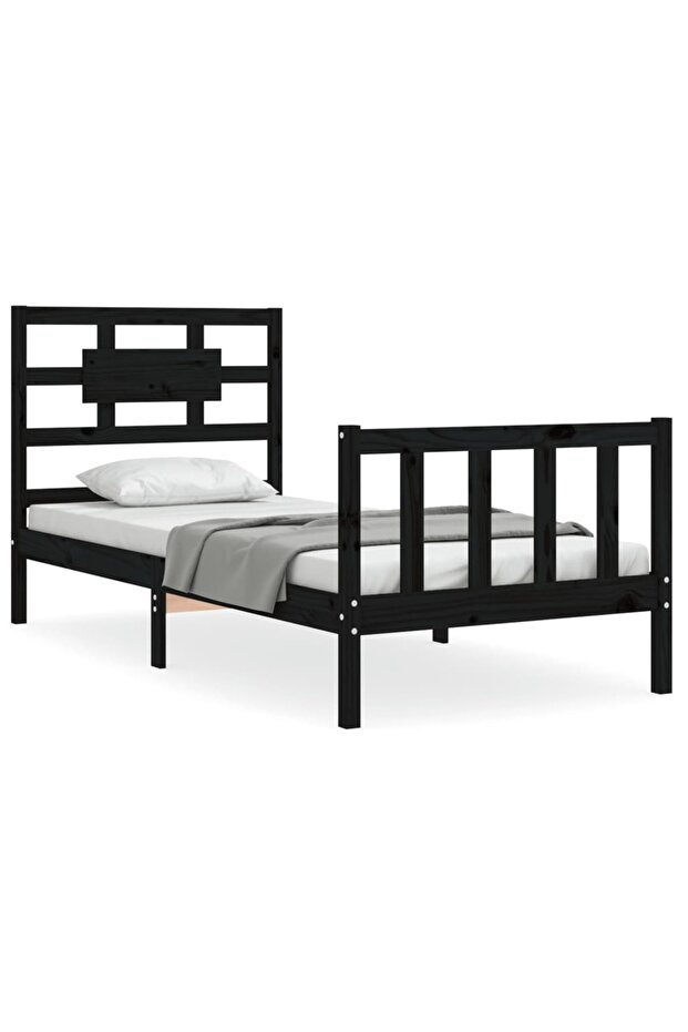 2FT6 Small Single Bed Frame with Headboard, Black, Solid Wood - 2