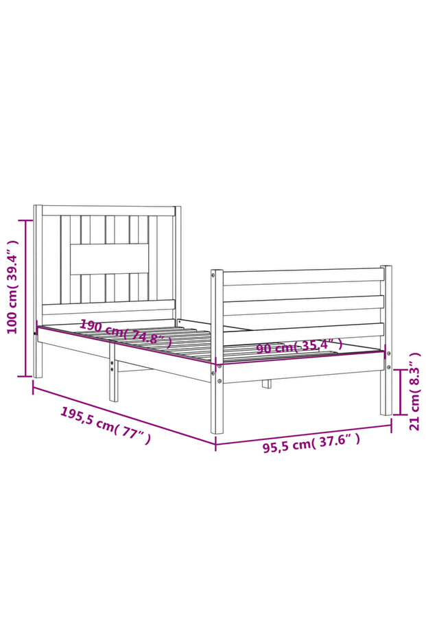 Bed frame with headboard 3FT, single, white, solid wood - 8