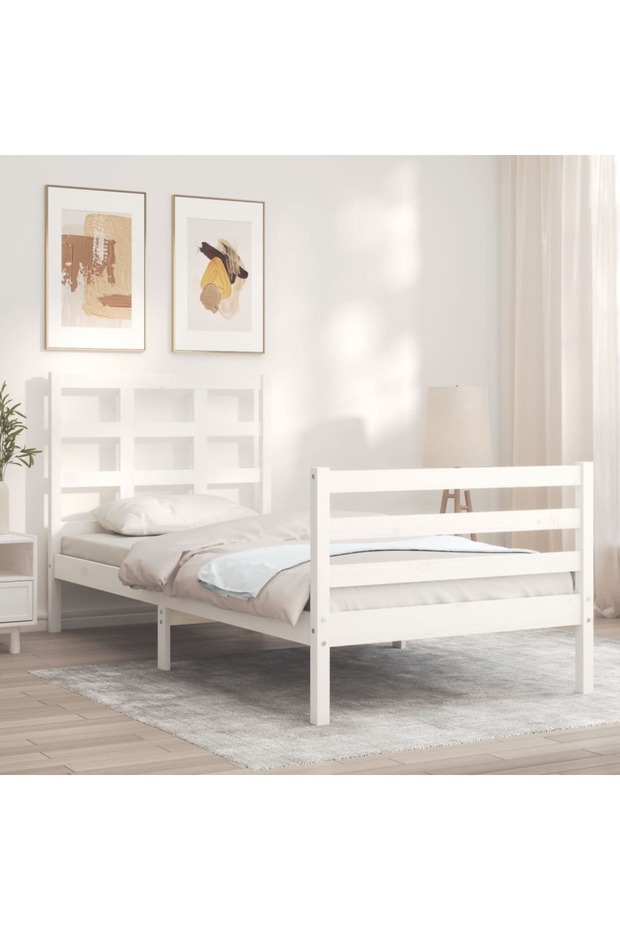 Bed frame with headboard 3FT, single, white, solid wood - 4